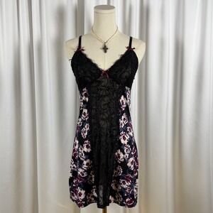 Vintage Style Black Floral Lace Trim Slip Dress Purple Rose Satin Bows S